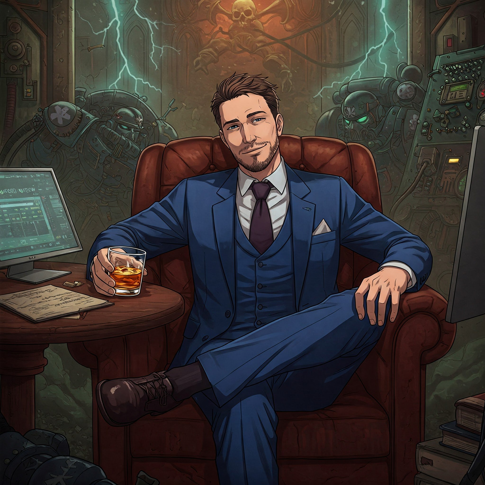 generate image in anime style where relaxed professional guy in blue suit sitting relaxed with wiskey