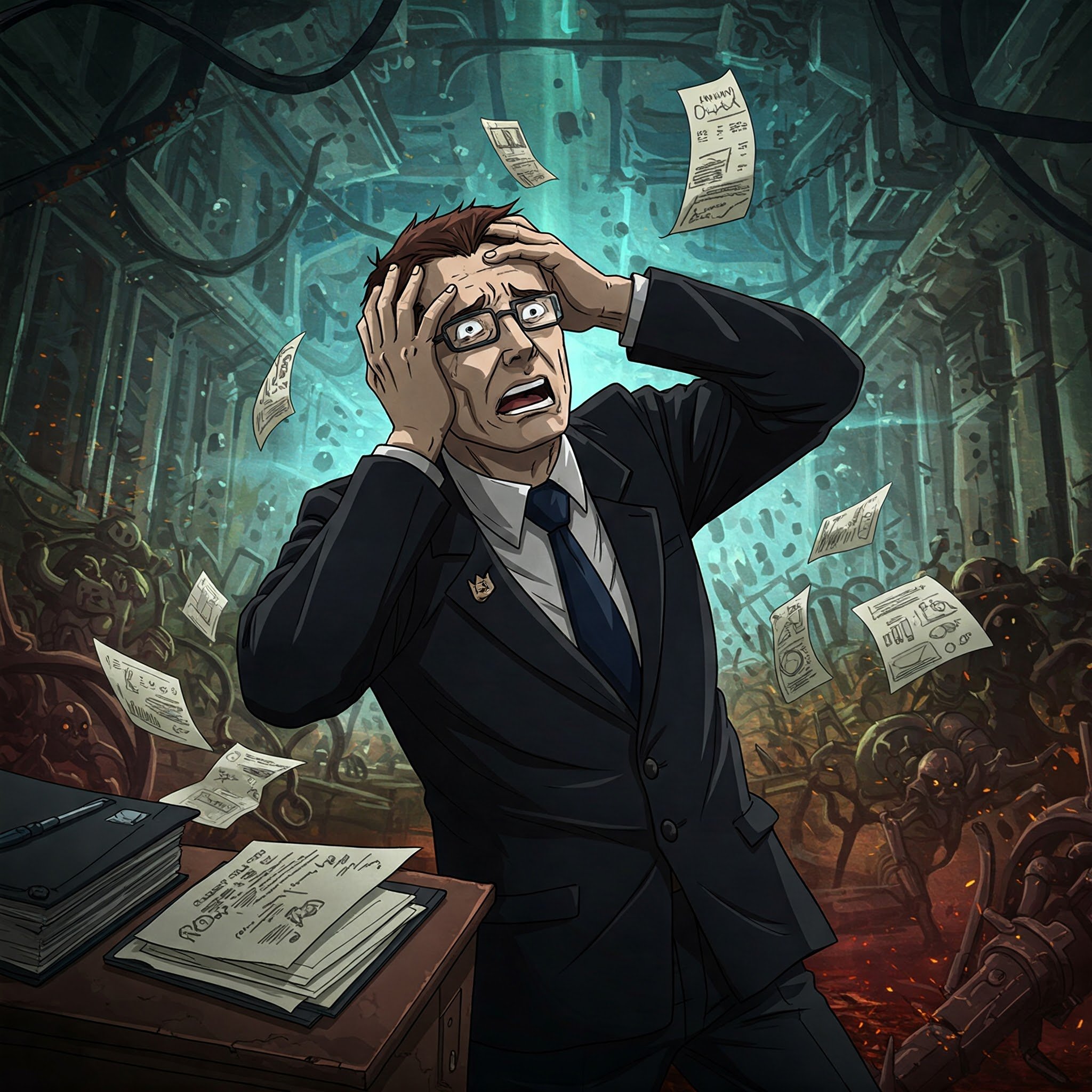 generate image in anime style where white collar in suit grabs his head because he realized that lost his reports