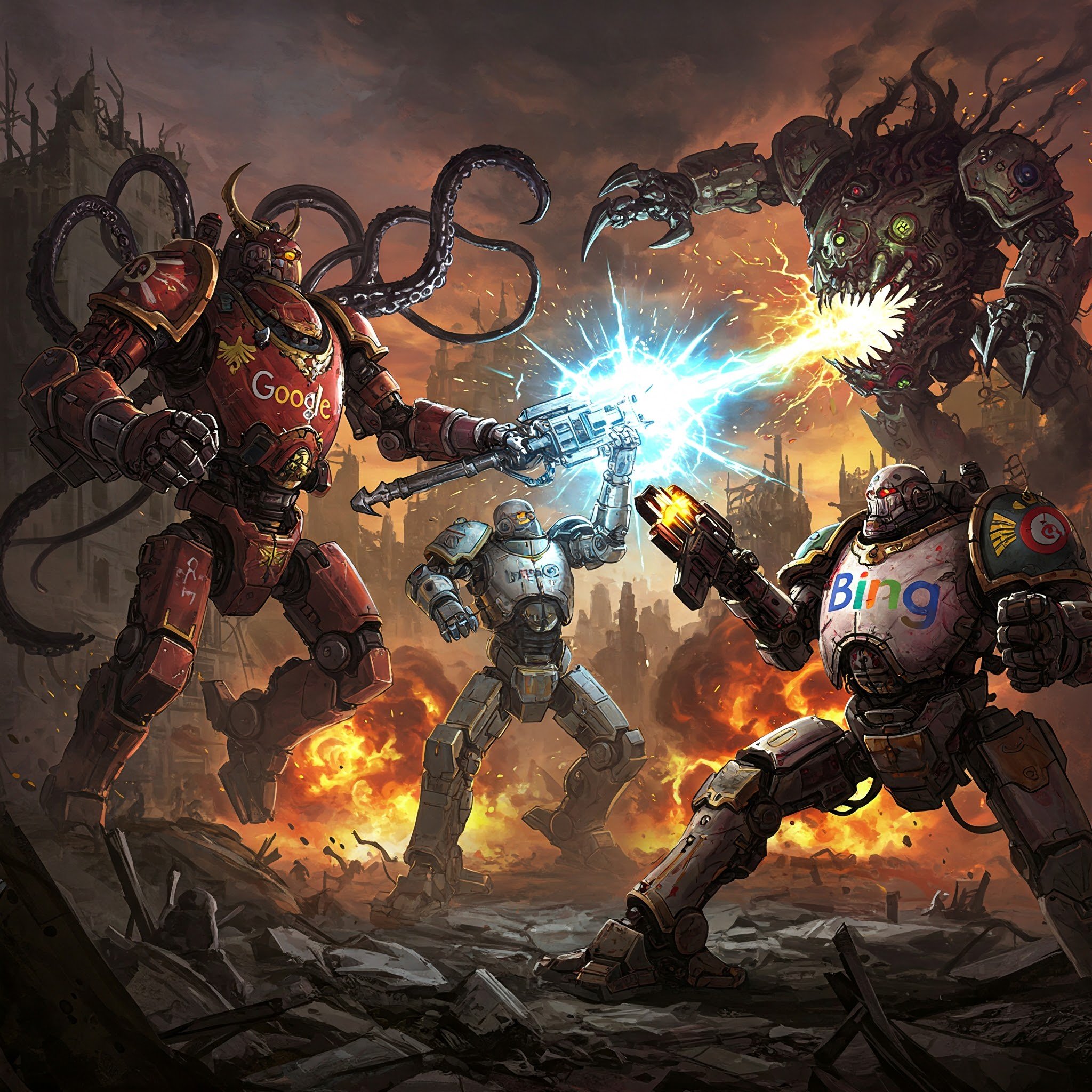 generate picture in anime style where robots with Google, Bing and Yandex logos fighting